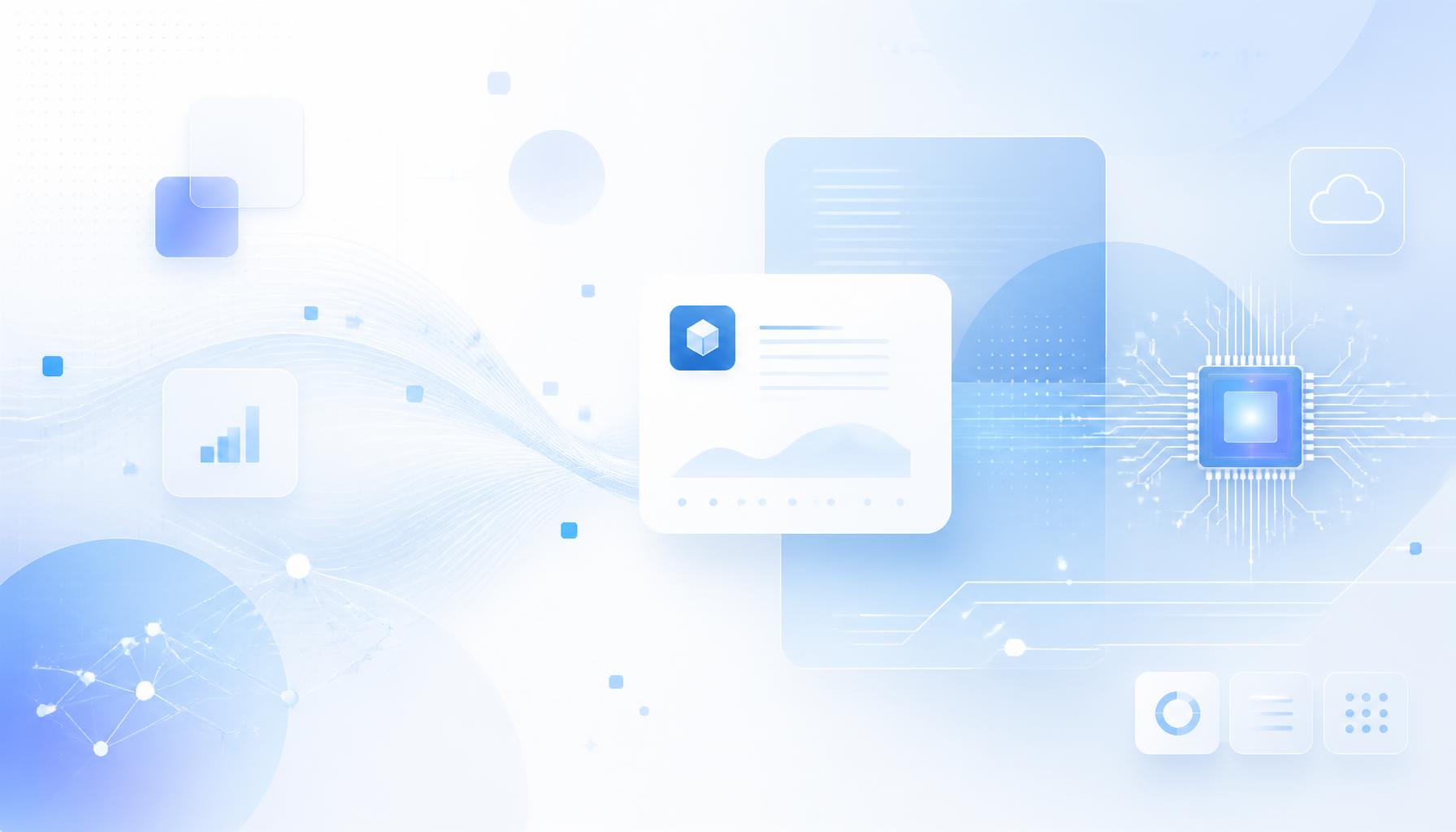 Light blue and white abstract enterprise software illustration with a microchip, circuit traces and geometric shapes